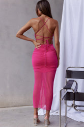 Discoteque Tie-Up Back Ruched Mesh Maxi Dress Hot Pink